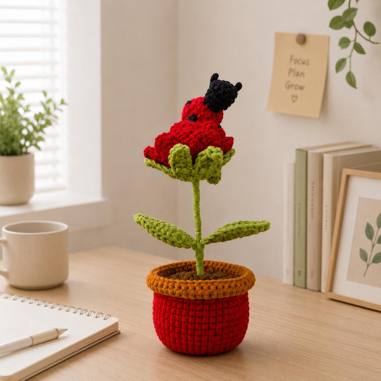 Handmade Crochet Rose with Ladybug Pot – Forever Flower Decor, Amigurumi Desk Plant & Romantic Gift