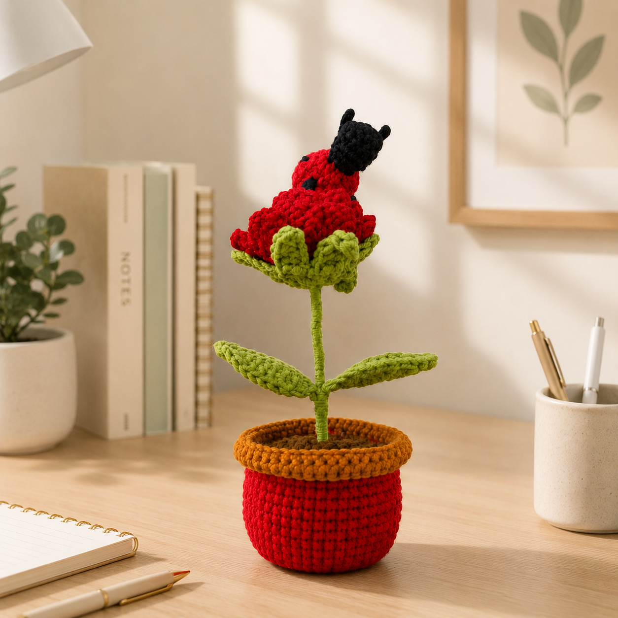 Handmade Crochet Rose with Ladybug Pot – Forever Flower Decor, Amigurumi Desk Plant & Romantic Gift