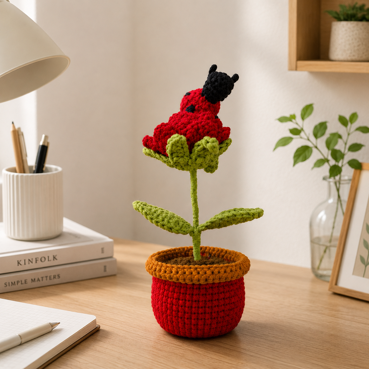 Handmade Crochet Rose with Ladybug Pot – Forever Flower Decor, Amigurumi Desk Plant & Romantic Gift