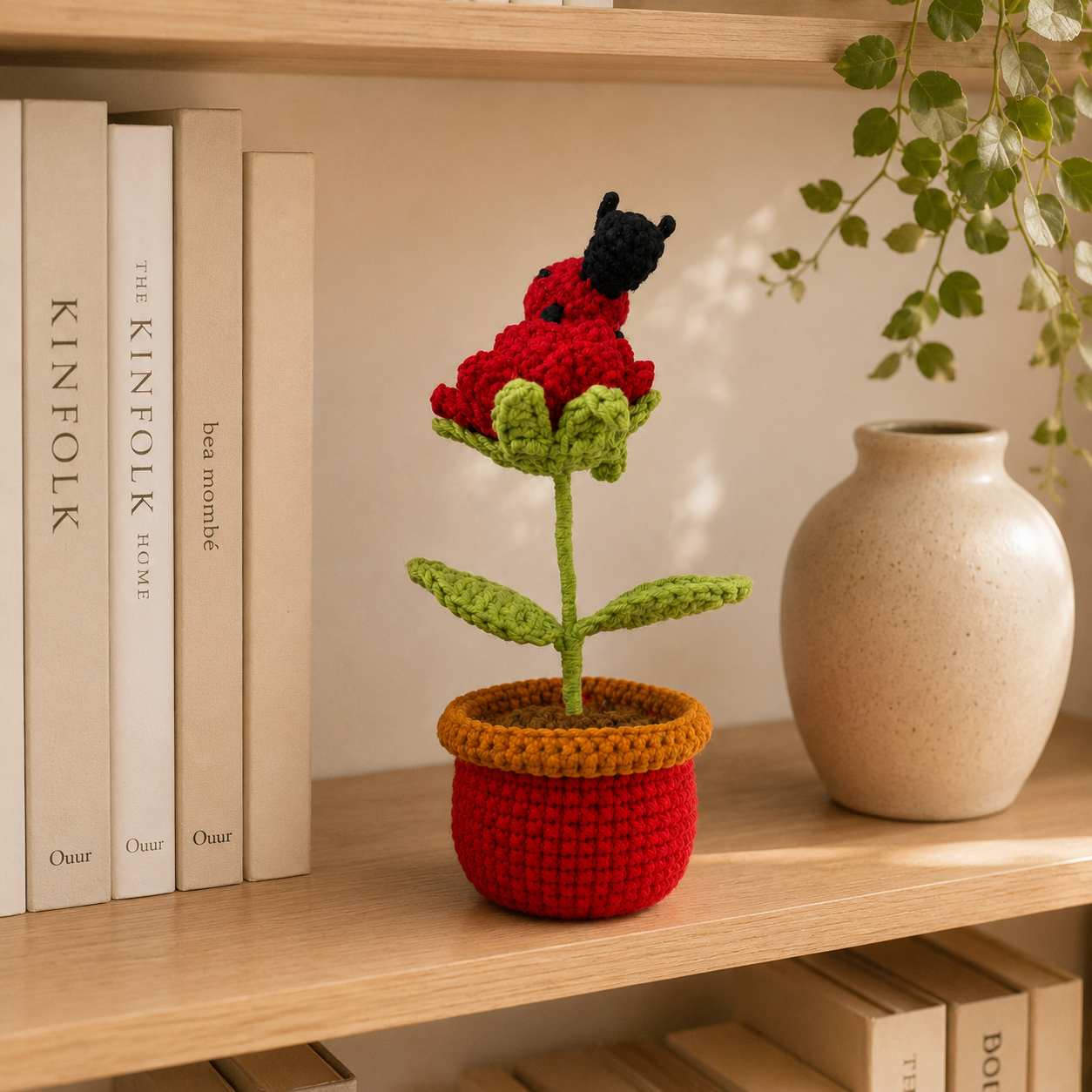 Handmade Crochet Rose with Ladybug Pot – Forever Flower Decor, Amigurumi Desk Plant & Romantic Gift