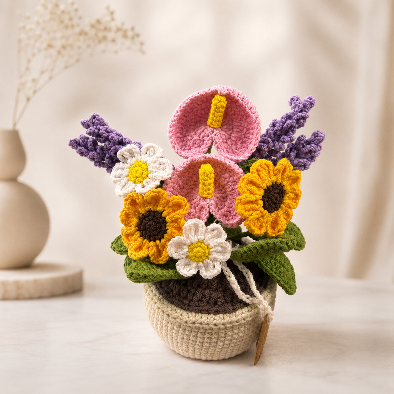 Handmade Crochet Mixed Flower Basket – Sunflower, Lavender, Daisy & Anthurium Arrangement, Forever Floral Home Decor