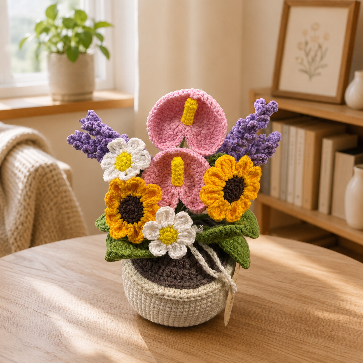 Handmade Crochet Mixed Flower Basket – Sunflower, Lavender, Daisy & Anthurium Arrangement, Forever Floral Home Decor