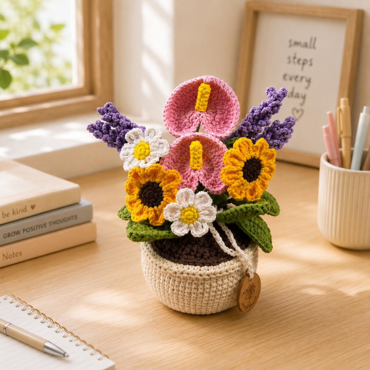 Handmade Crochet Mixed Flower Basket – Sunflower, Lavender, Daisy & Anthurium Arrangement, Forever Floral Home Decor