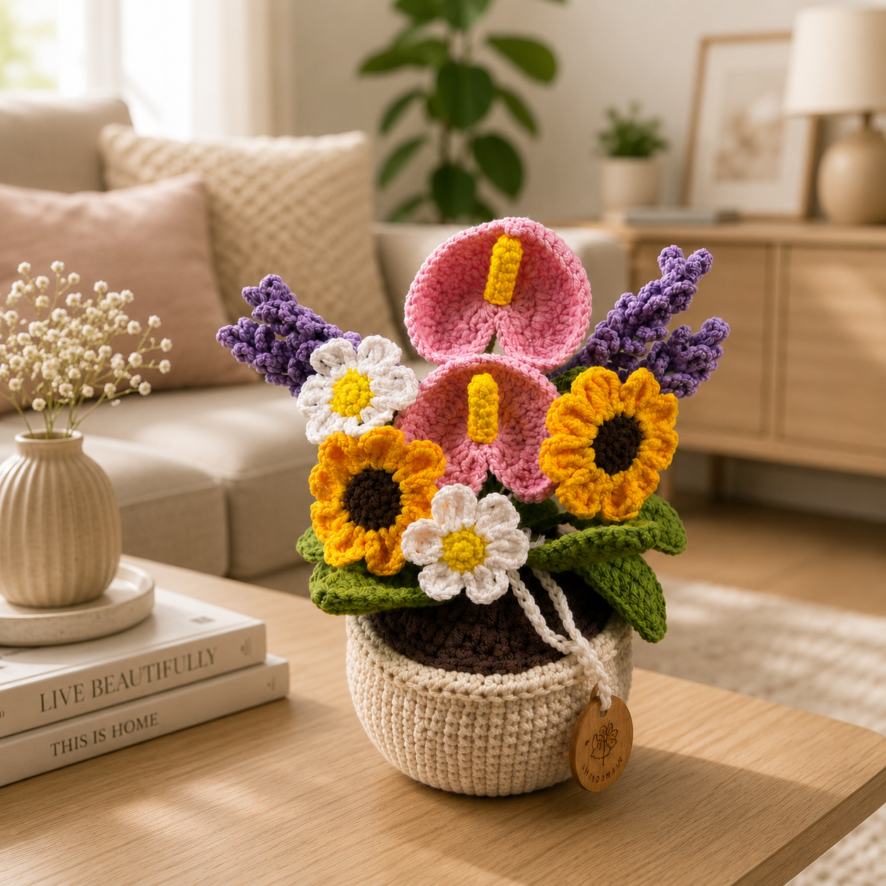 Handmade Crochet Mixed Flower Basket – Sunflower, Lavender, Daisy & Anthurium Arrangement, Forever Floral Home Decor