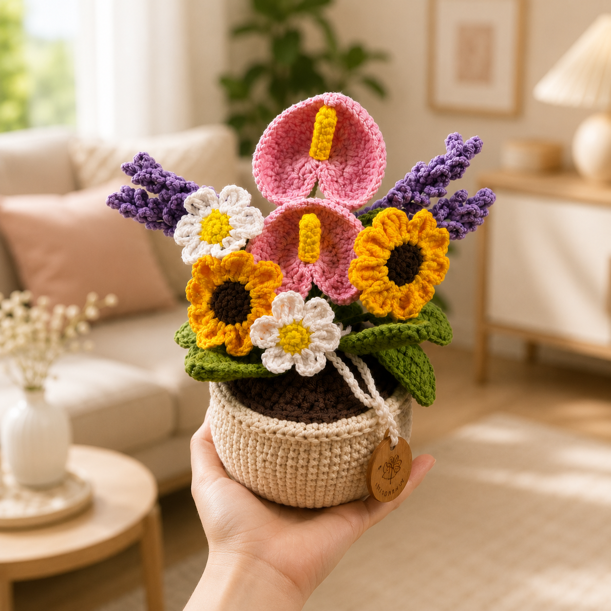 Handmade Crochet Mixed Flower Basket – Sunflower, Lavender, Daisy & Anthurium Arrangement, Forever Floral Home Decor