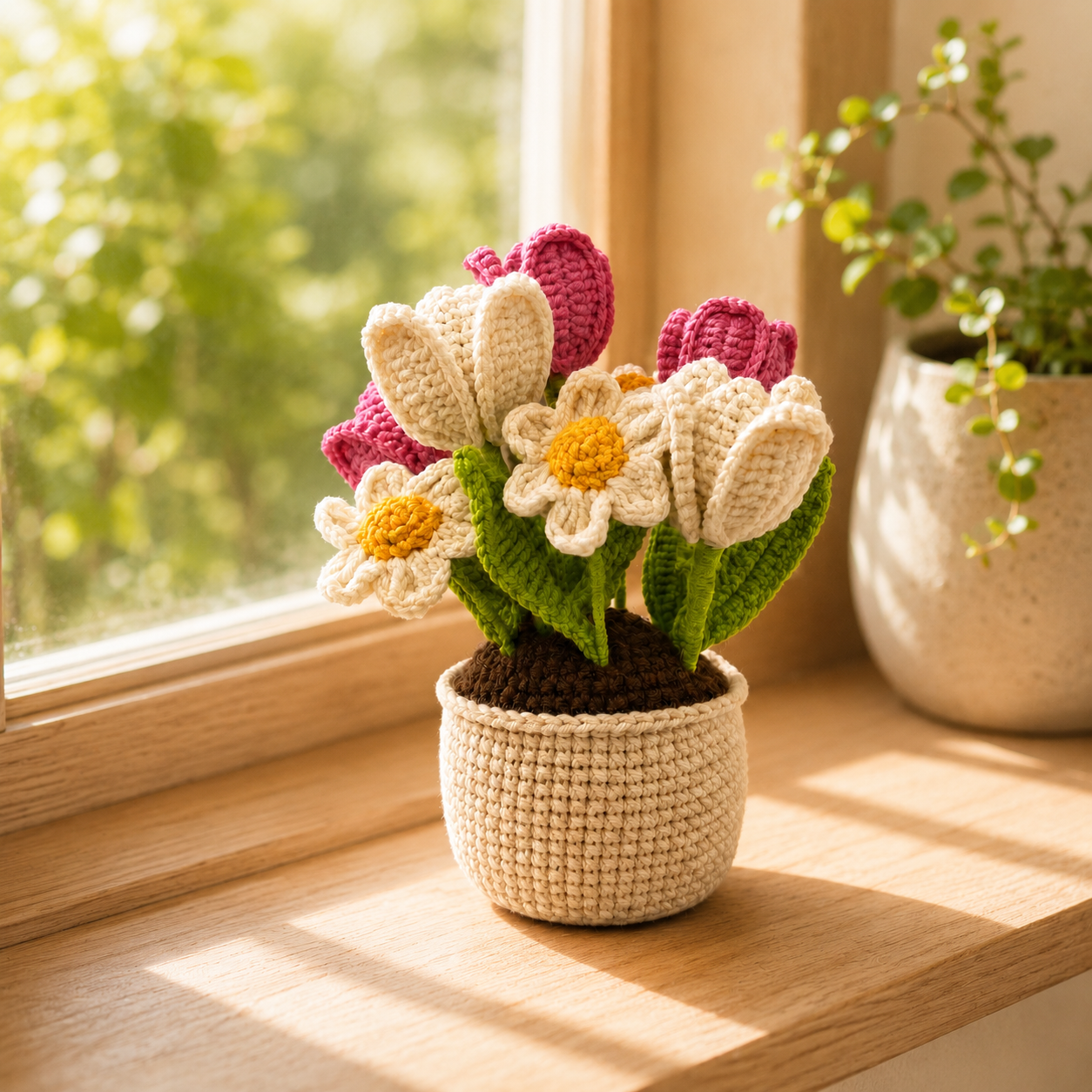 Handmade Crochet Tulip & Daisy Flower Pot – Amigurumi Spring Bouquet, Forever Floral Desk Decor & Gift