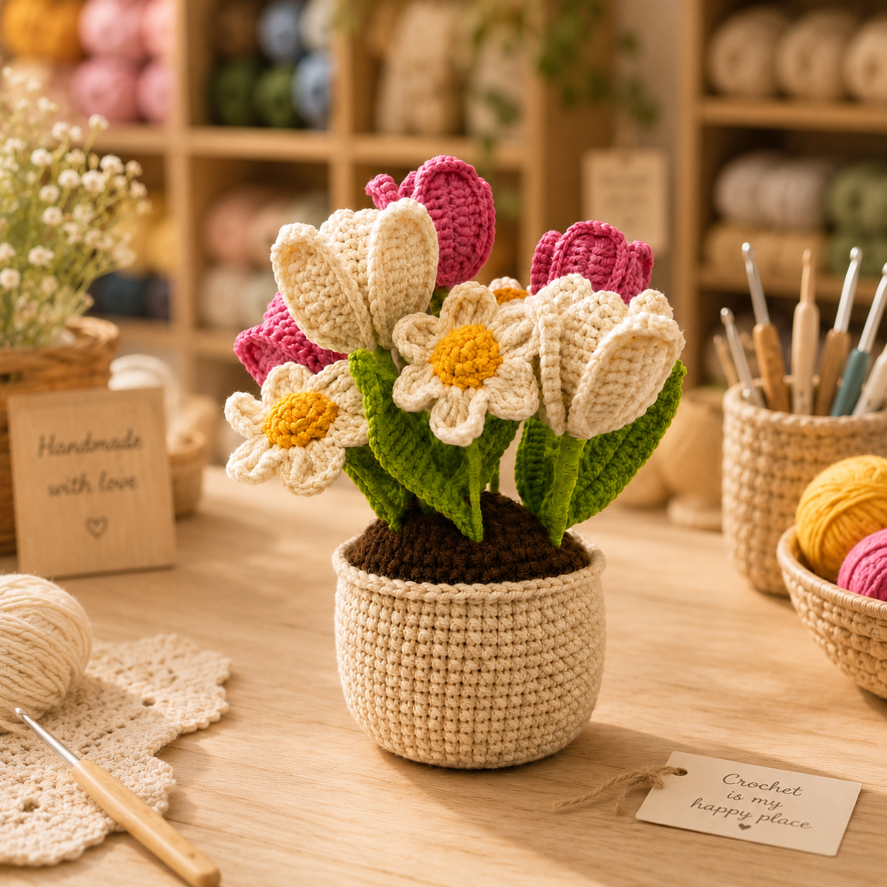 Handmade Crochet Tulip & Daisy Flower Pot – Amigurumi Spring Bouquet, Forever Floral Desk Decor & Gift