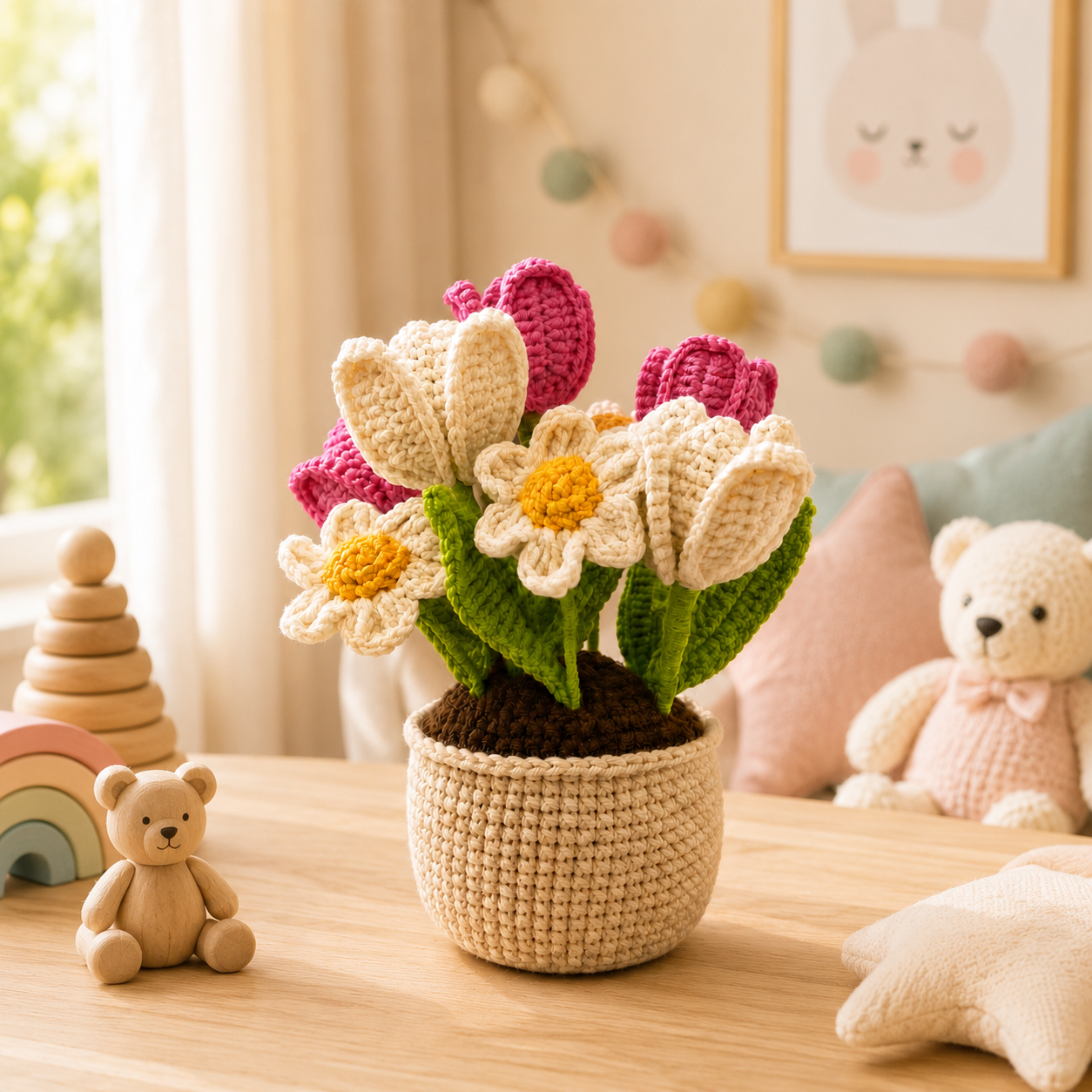 Handmade Crochet Tulip & Daisy Flower Pot – Amigurumi Spring Bouquet, Forever Floral Desk Decor & Gift