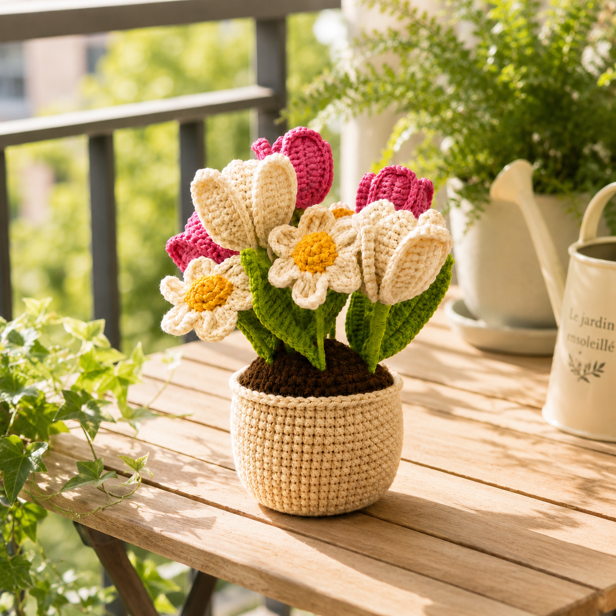 Handmade Crochet Tulip & Daisy Flower Pot – Amigurumi Spring Bouquet, Forever Floral Desk Decor & Gift