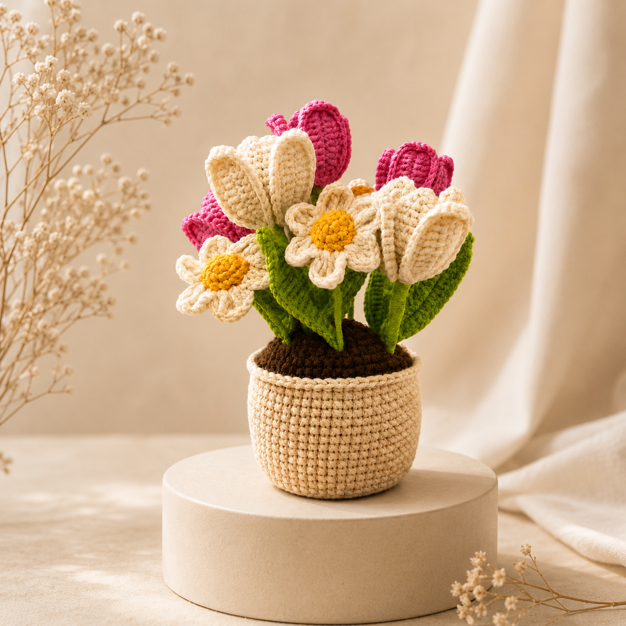 Handmade Crochet Tulip & Daisy Flower Pot – Amigurumi Spring Bouquet, Forever Floral Desk Decor & Gift