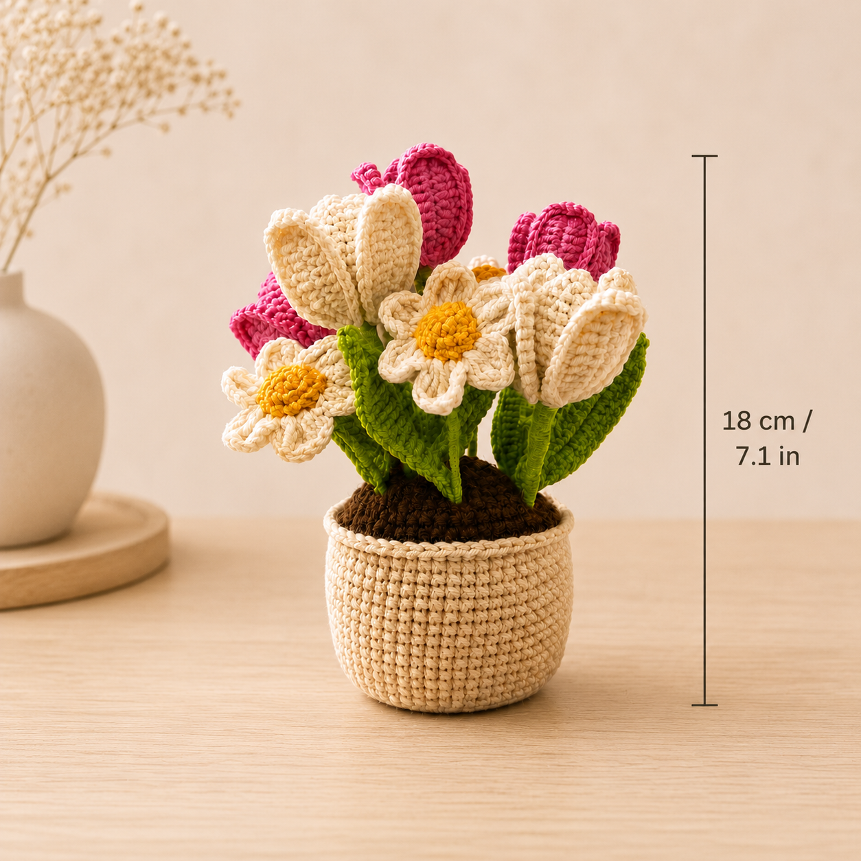 Handmade Crochet Tulip & Daisy Flower Pot – Amigurumi Spring Bouquet, Forever Floral Desk Decor & Gift