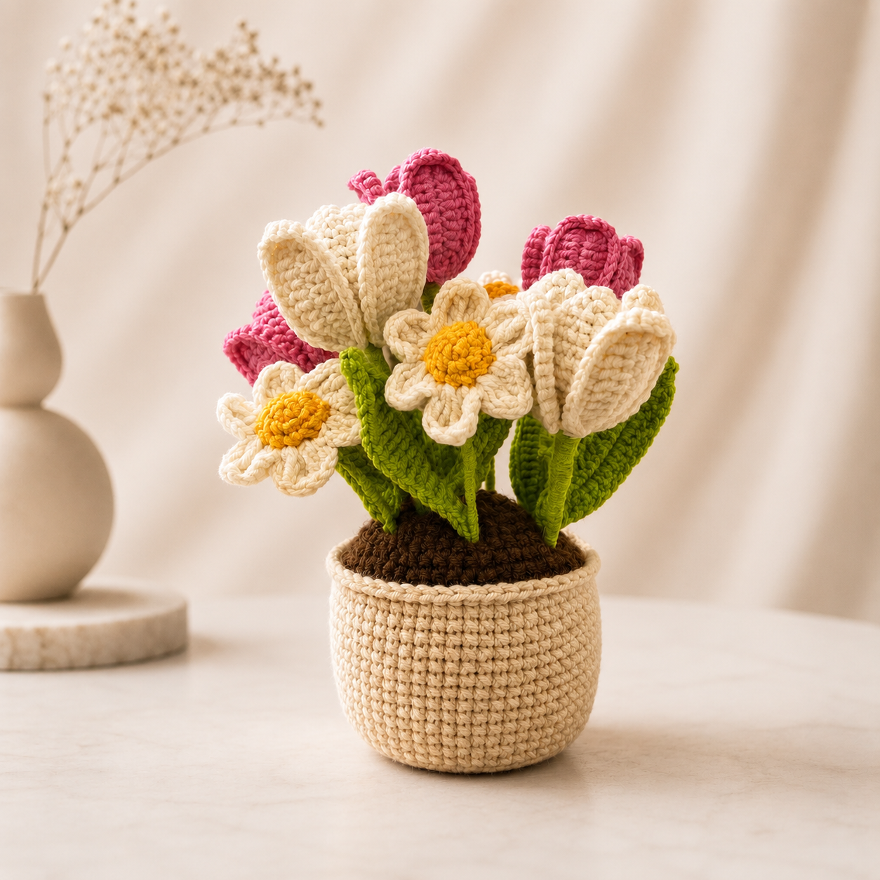 Handmade Crochet Tulip & Daisy Flower Pot – Amigurumi Spring Bouquet, Forever Floral Desk Decor & Gift