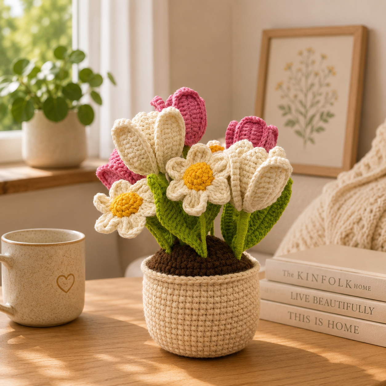 Handmade Crochet Tulip & Daisy Flower Pot – Amigurumi Spring Bouquet, Forever Floral Desk Decor & Gift