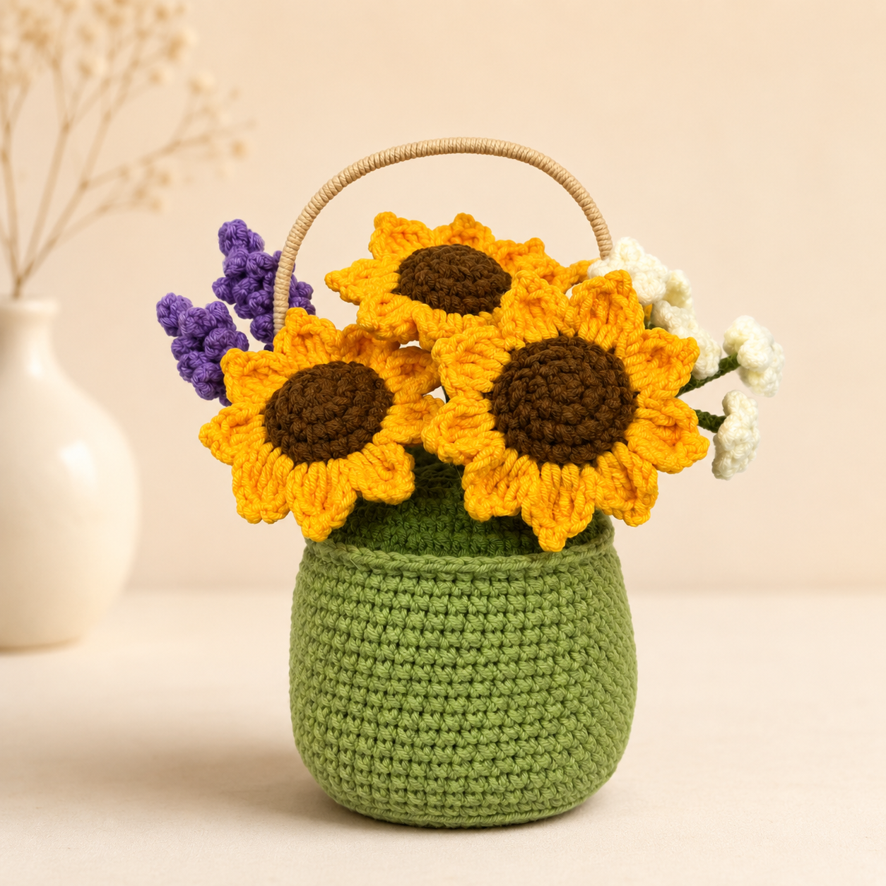 Handmade Crochet Sunflower Basket – Amigurumi Flower Arrangement, Forever Floral Home Decor & Gift for Mom