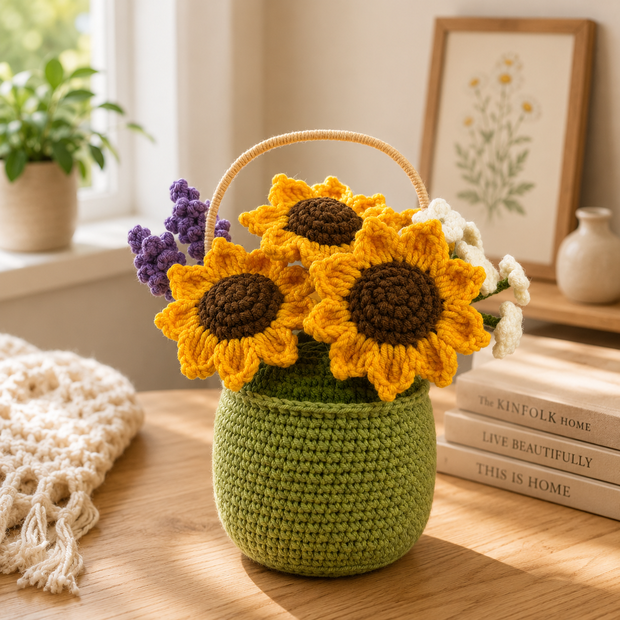 Handmade Crochet Sunflower Basket – Amigurumi Flower Arrangement, Forever Floral Home Decor & Gift for Mom