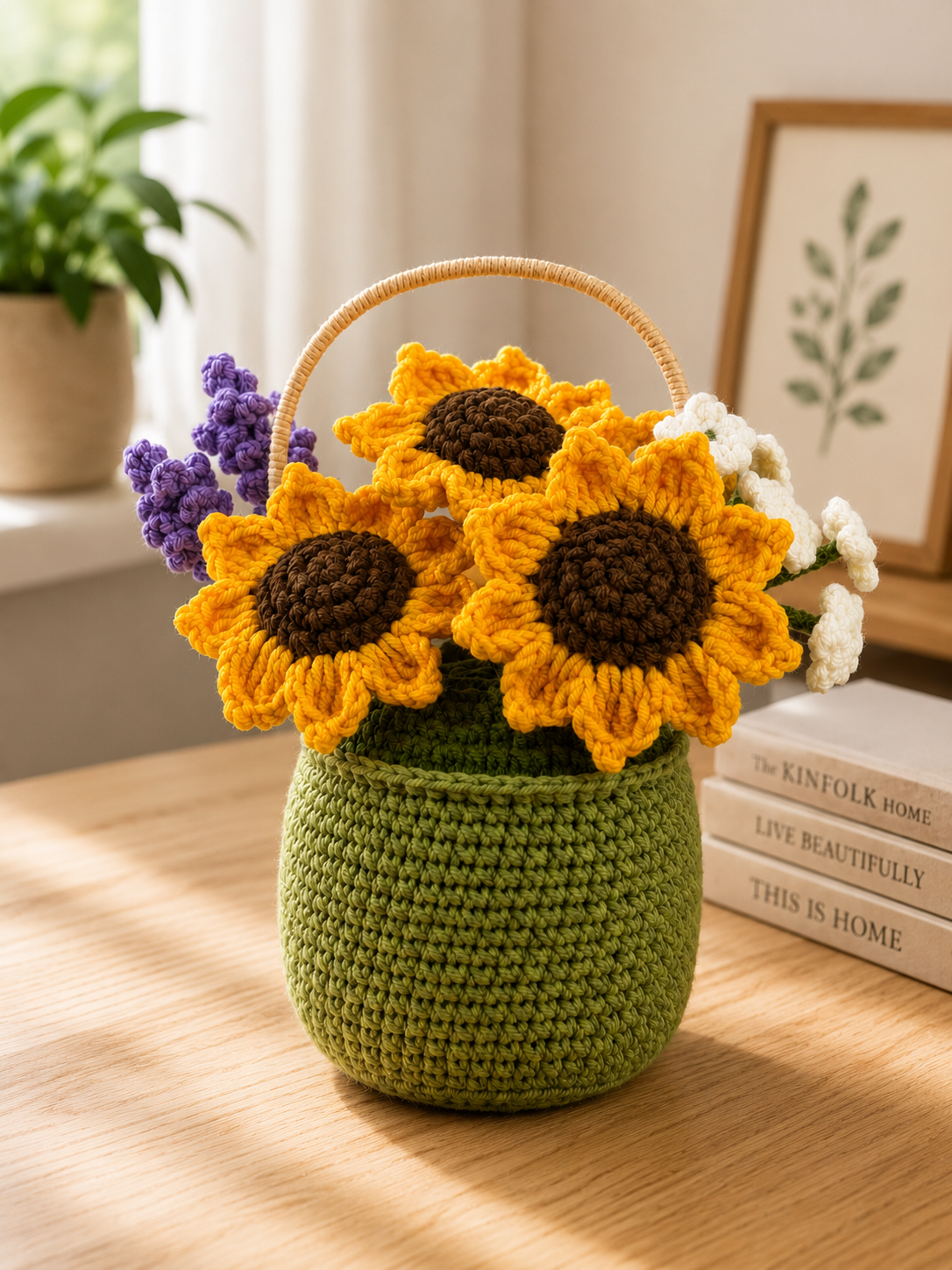Handmade Crochet Sunflower Basket – Amigurumi Flower Arrangement, Forever Floral Home Decor & Gift for Mom