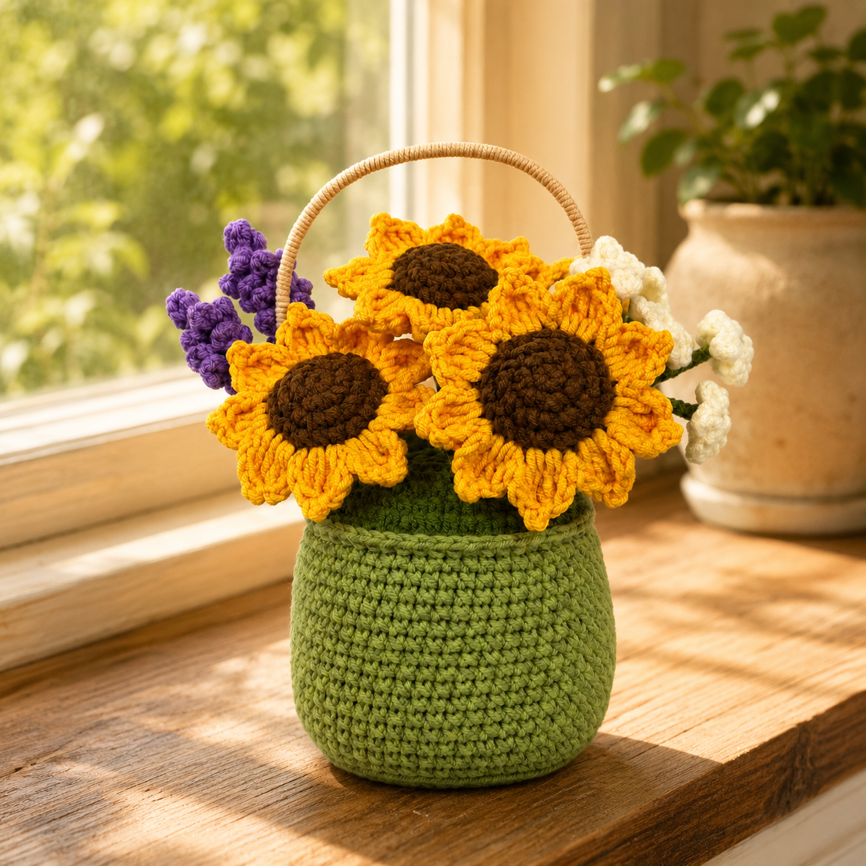 Handmade Crochet Sunflower Basket – Amigurumi Flower Arrangement, Forever Floral Home Decor & Gift for Mom
