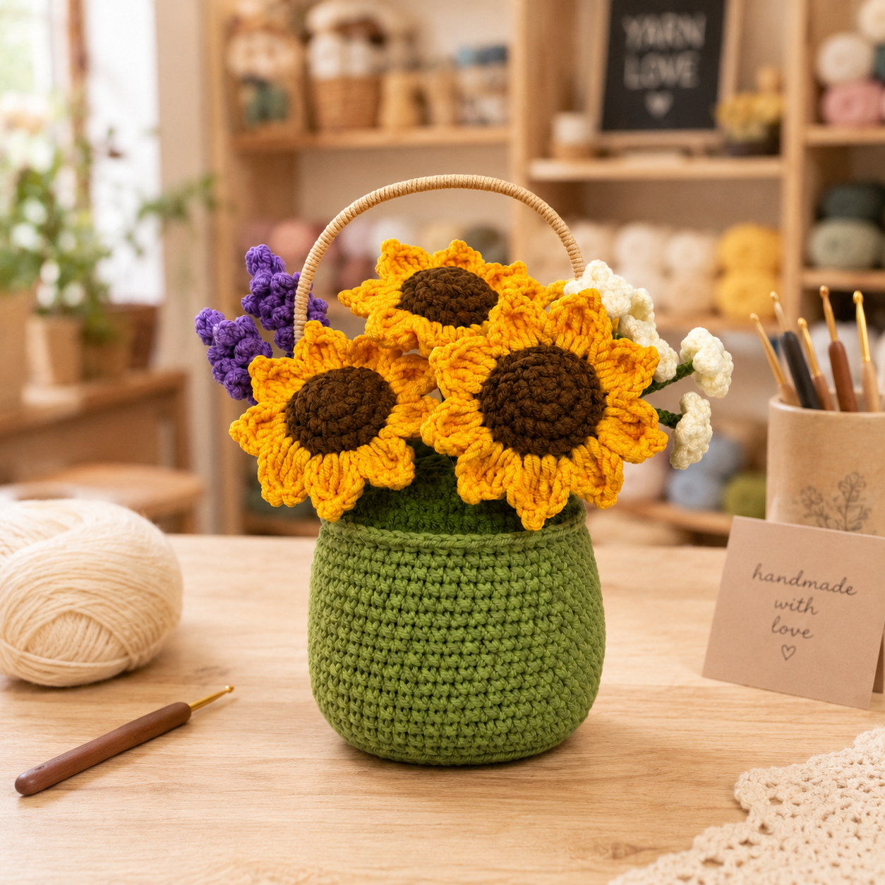 Handmade Crochet Sunflower Basket – Amigurumi Flower Arrangement, Forever Floral Home Decor & Gift for Mom