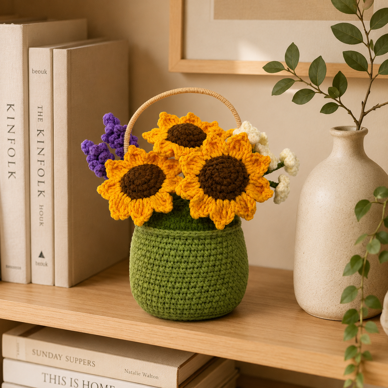 Handmade Crochet Sunflower Basket – Amigurumi Flower Arrangement, Forever Floral Home Decor & Gift for Mom
