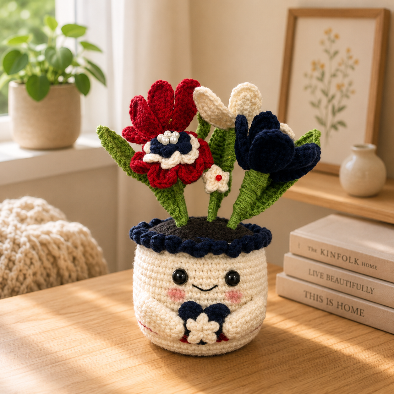 Handmade Crochet Red & Navy Floral Pot – Amigurumi Flower Arrangement, Forever Flower Decor & Gift for Her