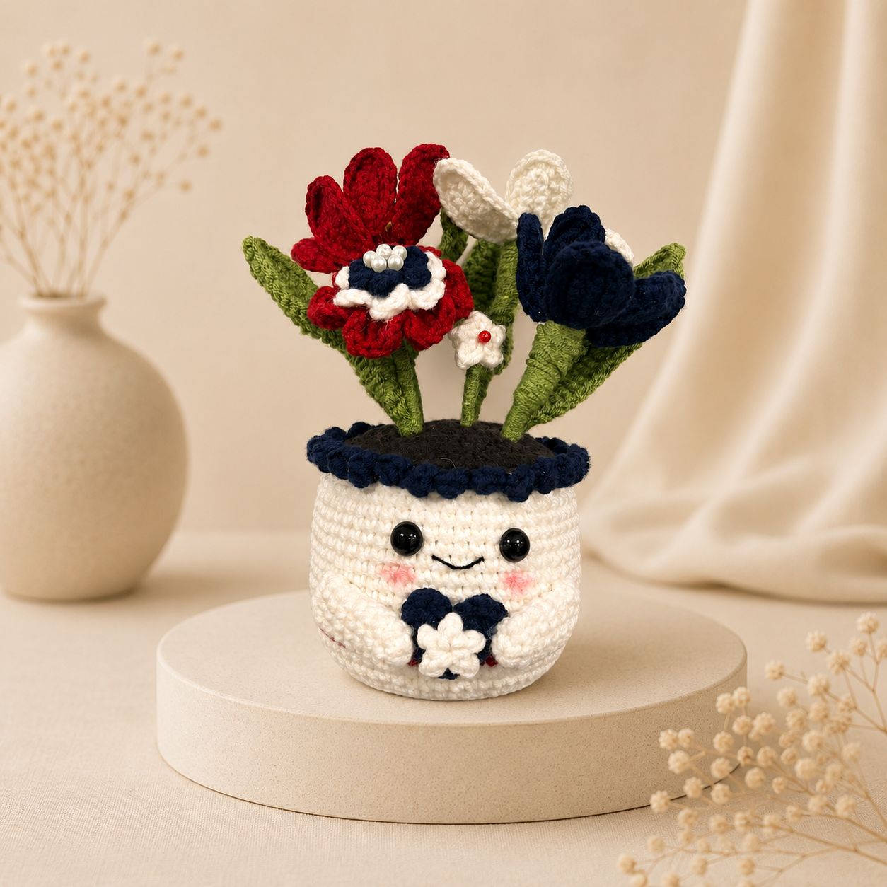 Handmade Crochet Red & Navy Floral Pot – Amigurumi Flower Arrangement, Forever Flower Decor & Gift for Her