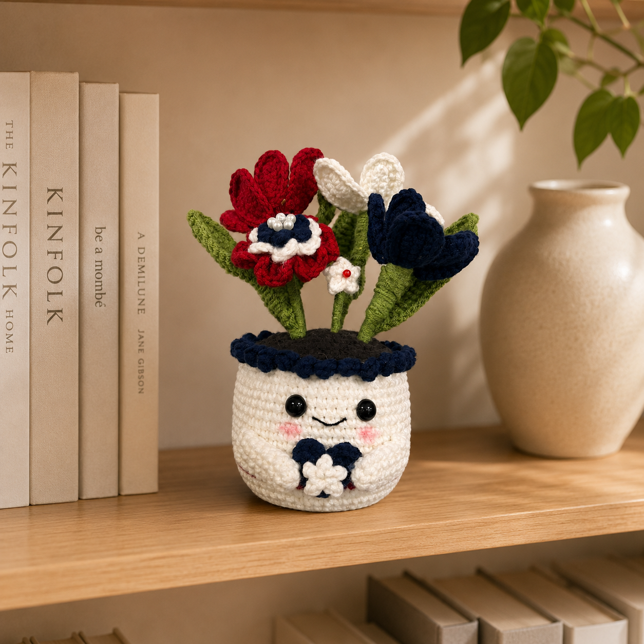 Handmade Crochet Red & Navy Floral Pot – Amigurumi Flower Arrangement, Forever Flower Decor & Gift for Her