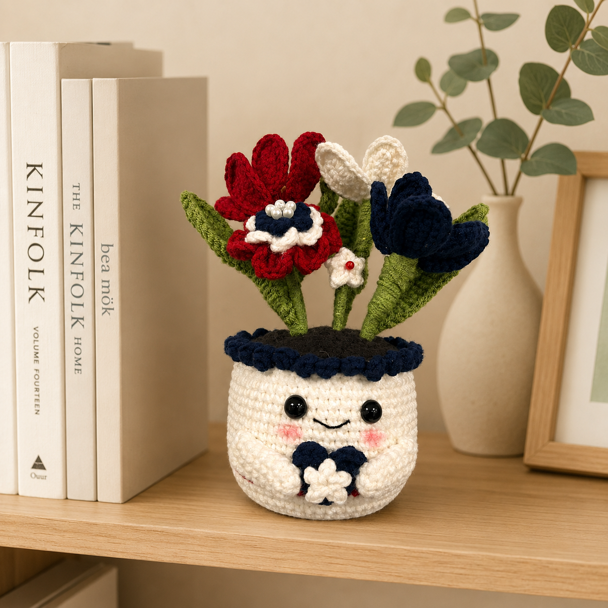 Handmade Crochet Red & Navy Floral Pot – Amigurumi Flower Arrangement, Forever Flower Decor & Gift for Her