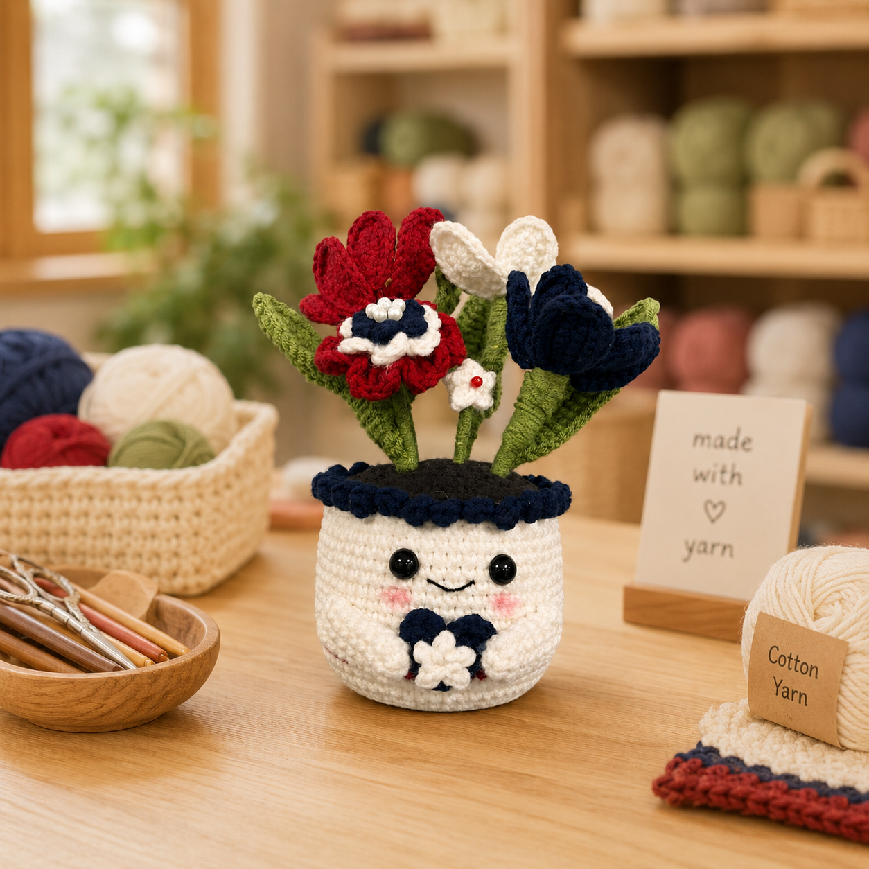 Handmade Crochet Red & Navy Floral Pot – Amigurumi Flower Arrangement, Forever Flower Decor & Gift for Her
