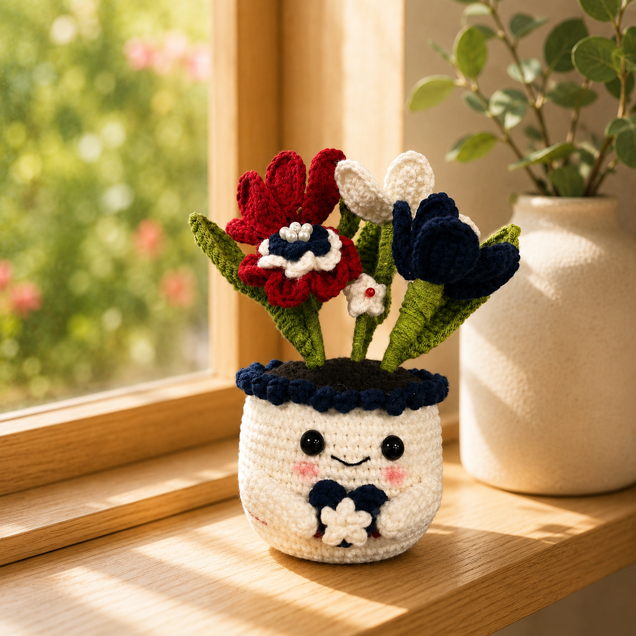 Handmade Crochet Red & Navy Floral Pot – Amigurumi Flower Arrangement, Forever Flower Decor & Gift for Her
