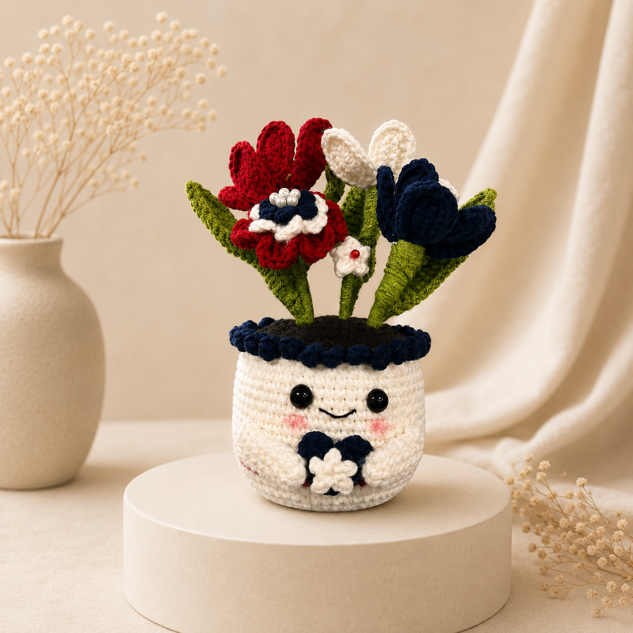 Handmade Crochet Red & Navy Floral Pot – Amigurumi Flower Arrangement, Forever Flower Decor & Gift for Her
