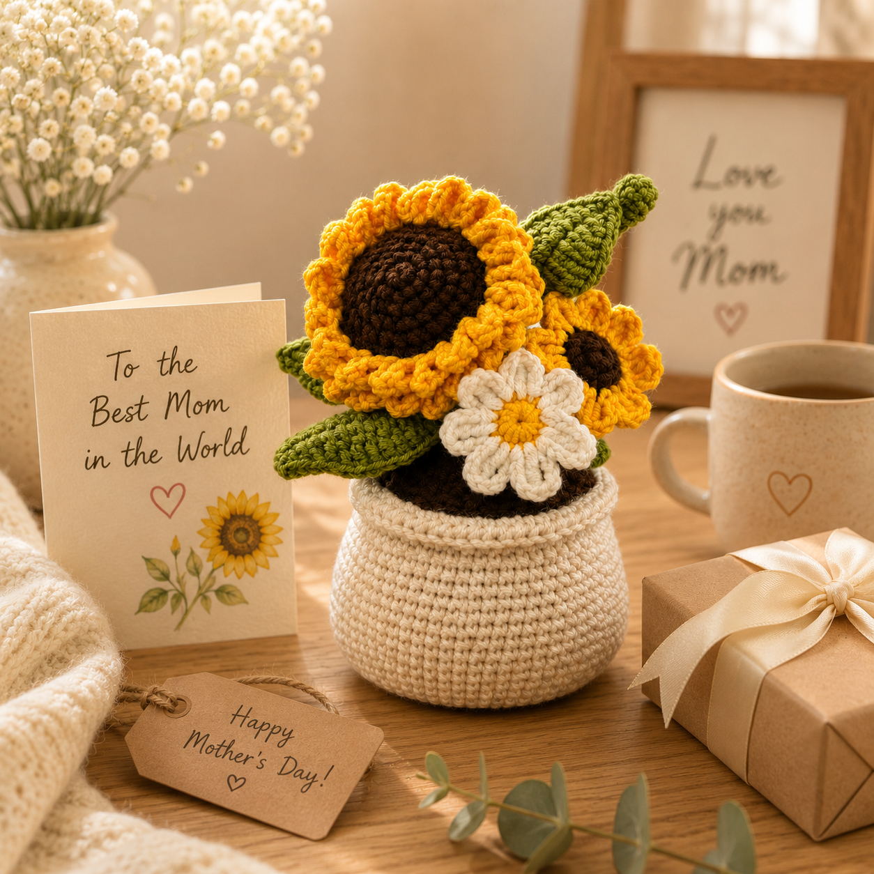 Handmade Crochet Sunflower & Daisy Pot – Amigurumi Forever Flower Arrangement, Rustic Home Decor & Gift for Her