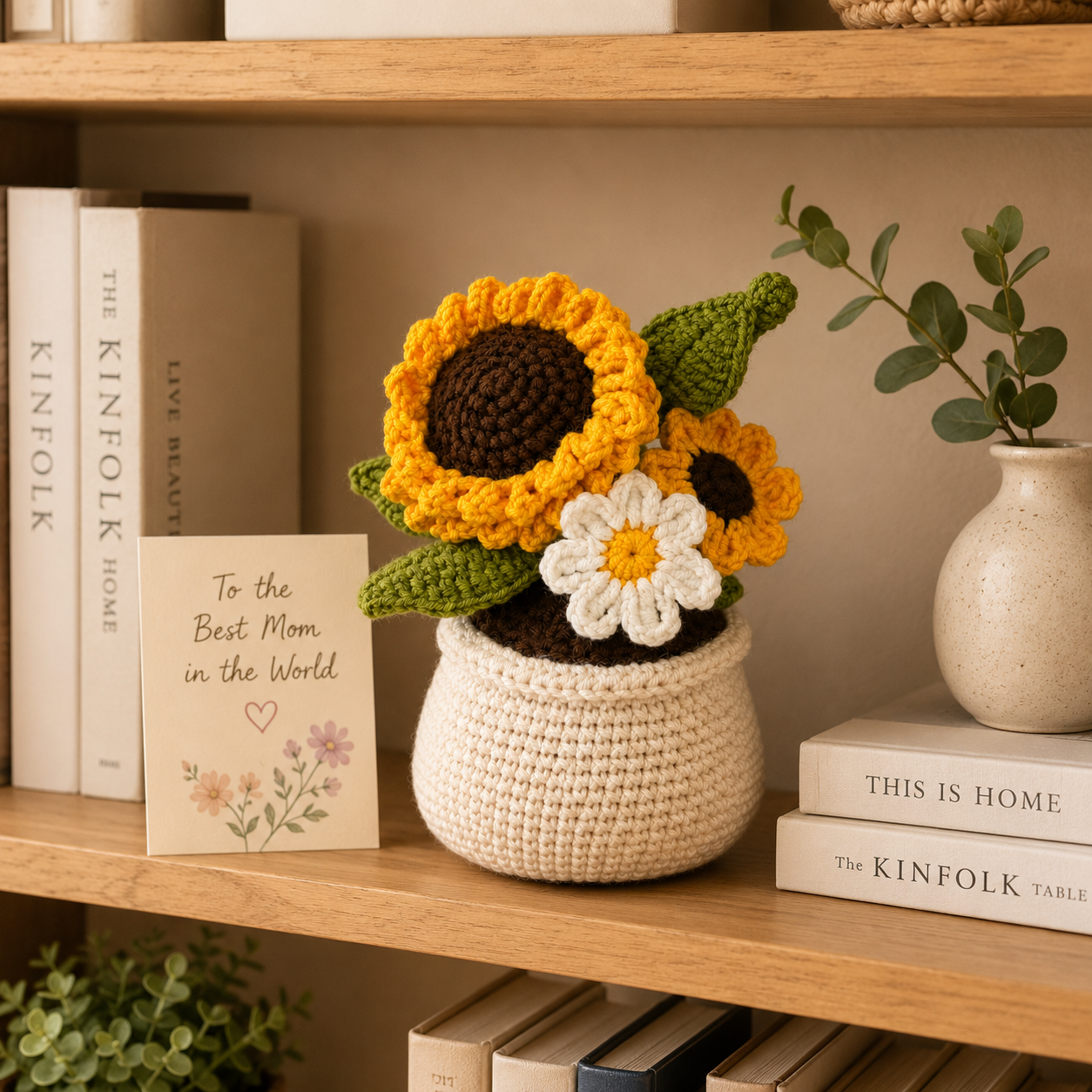 Handmade Crochet Sunflower & Daisy Pot – Amigurumi Forever Flower Arrangement, Rustic Home Decor & Gift for Her
