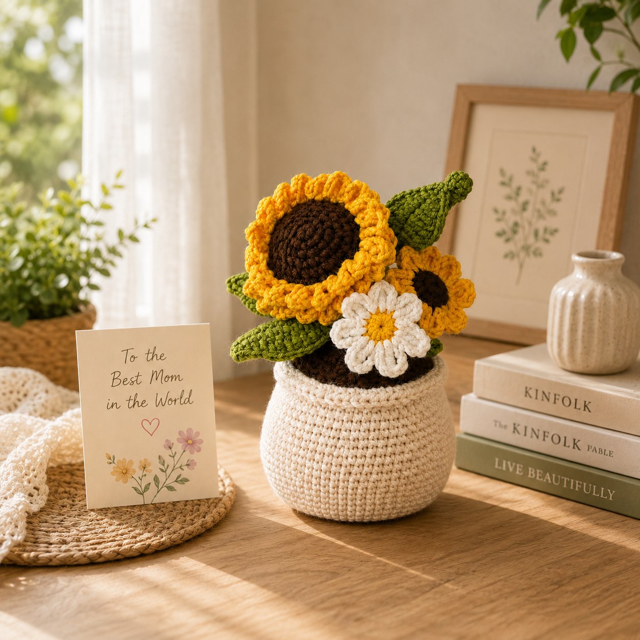 Handmade Crochet Sunflower & Daisy Pot – Amigurumi Forever Flower Arrangement, Rustic Home Decor & Gift for Her