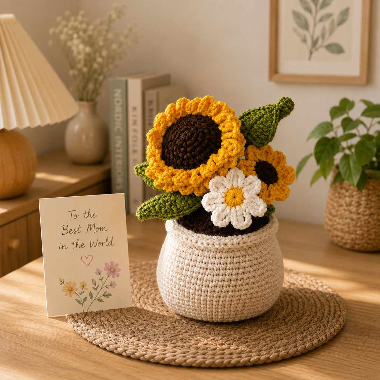 Handmade Crochet Sunflower & Daisy Pot – Amigurumi Forever Flower Arrangement, Rustic Home Decor & Gift for Her
