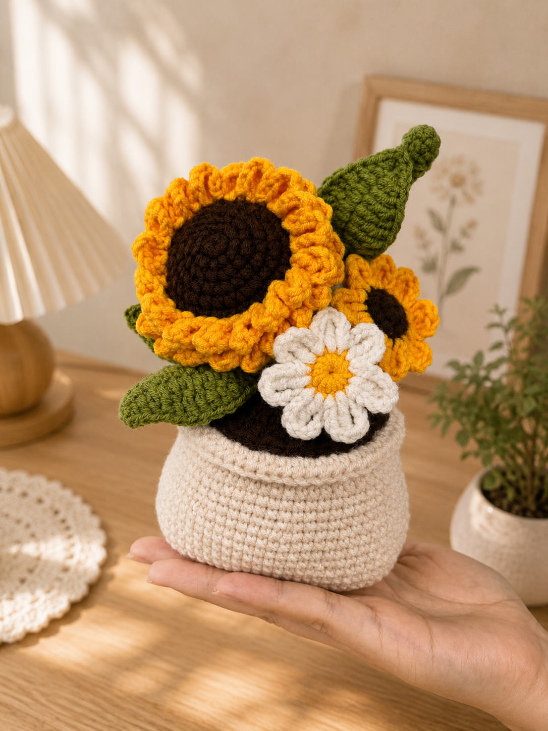 Handmade Crochet Sunflower & Daisy Pot – Amigurumi Forever Flower Arrangement, Rustic Home Decor & Gift for Her