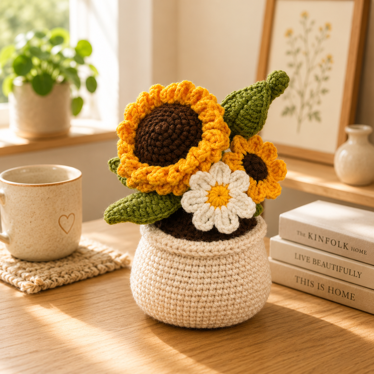 Handmade Crochet Sunflower & Daisy Pot – Amigurumi Forever Flower Arrangement, Rustic Home Decor & Gift for Her