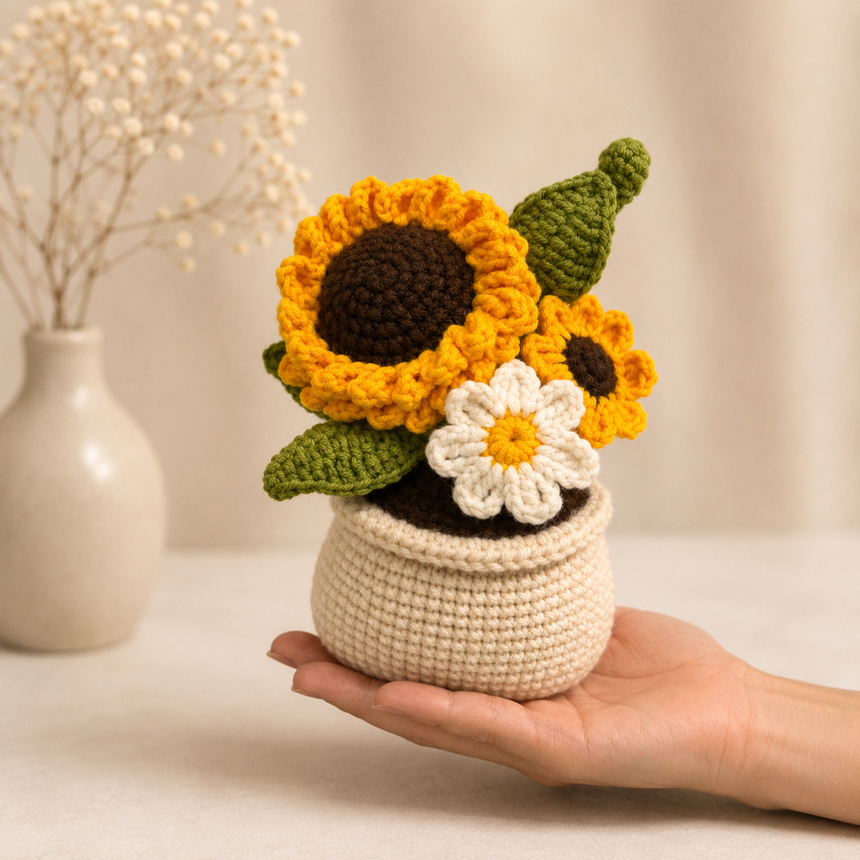 Handmade Crochet Sunflower & Daisy Pot – Amigurumi Forever Flower Arrangement, Rustic Home Decor & Gift for Her