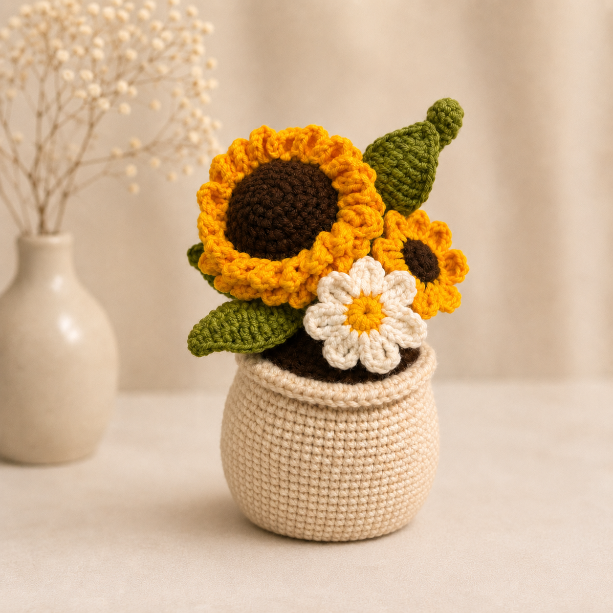 Handmade Crochet Sunflower & Daisy Pot – Amigurumi Forever Flower Arrangement, Rustic Home Decor & Gift for Her