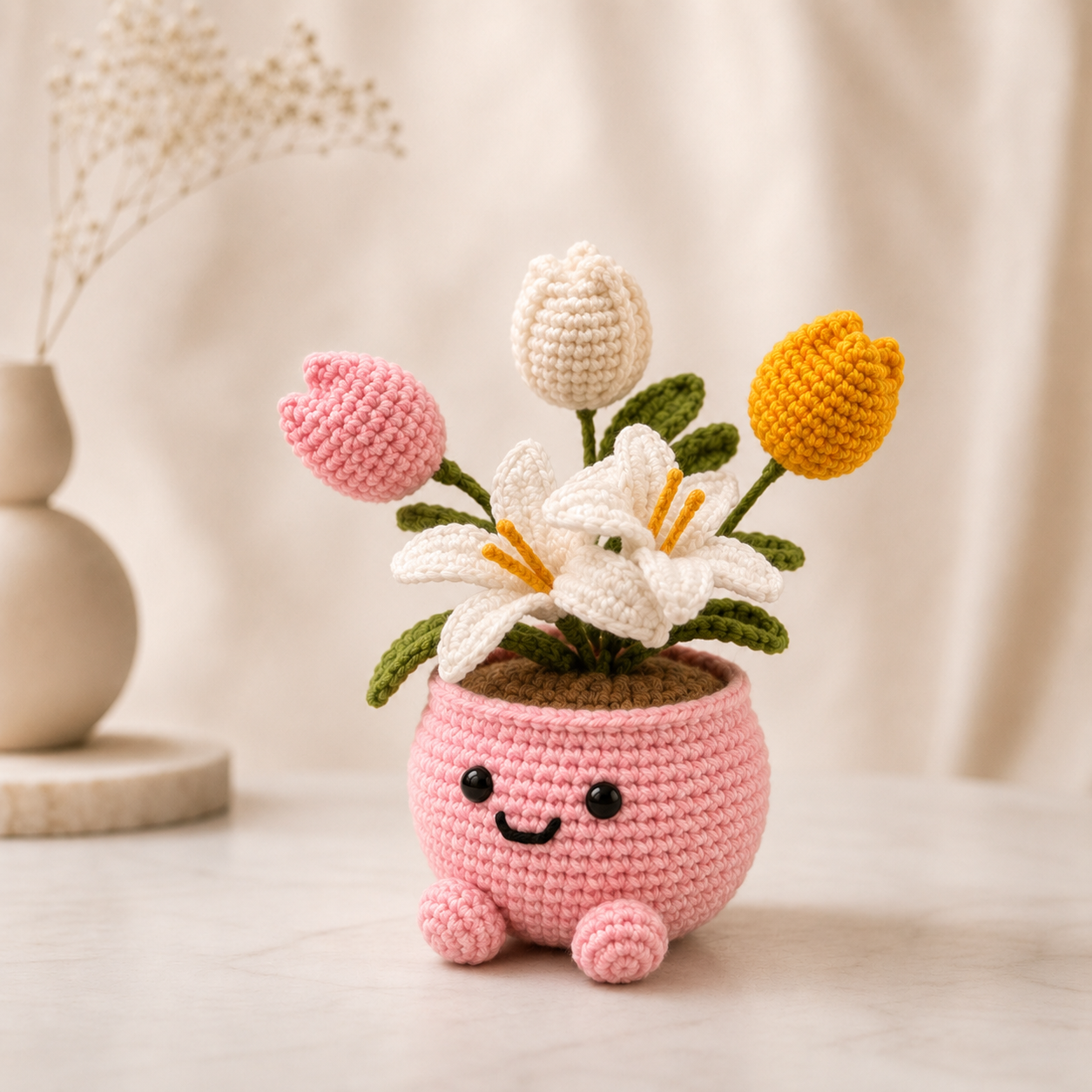 Handmade Crochet Lily & Tulip Flower Pot | Cute Amigurumi Floral Arrangement