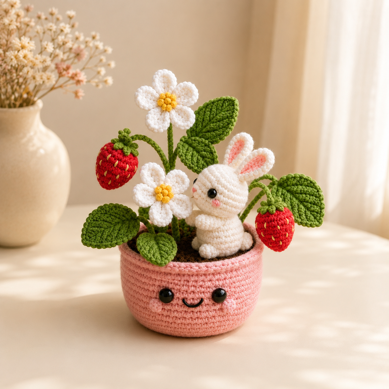 Handmade Crochet Bunny & Strawberry Flower Pot – Kawaii Bunny Plant Decor