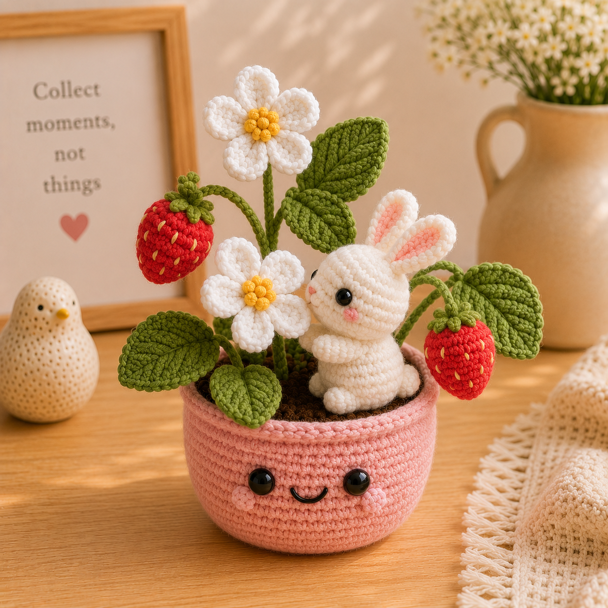 Handmade Crochet Bunny & Strawberry Flower Pot – Kawaii Bunny Plant Decor
