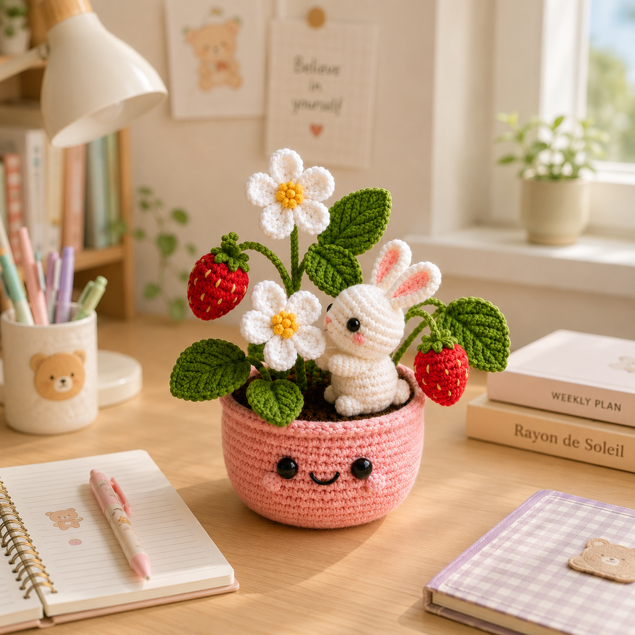 Handmade Crochet Bunny & Strawberry Flower Pot – Kawaii Bunny Plant Decor