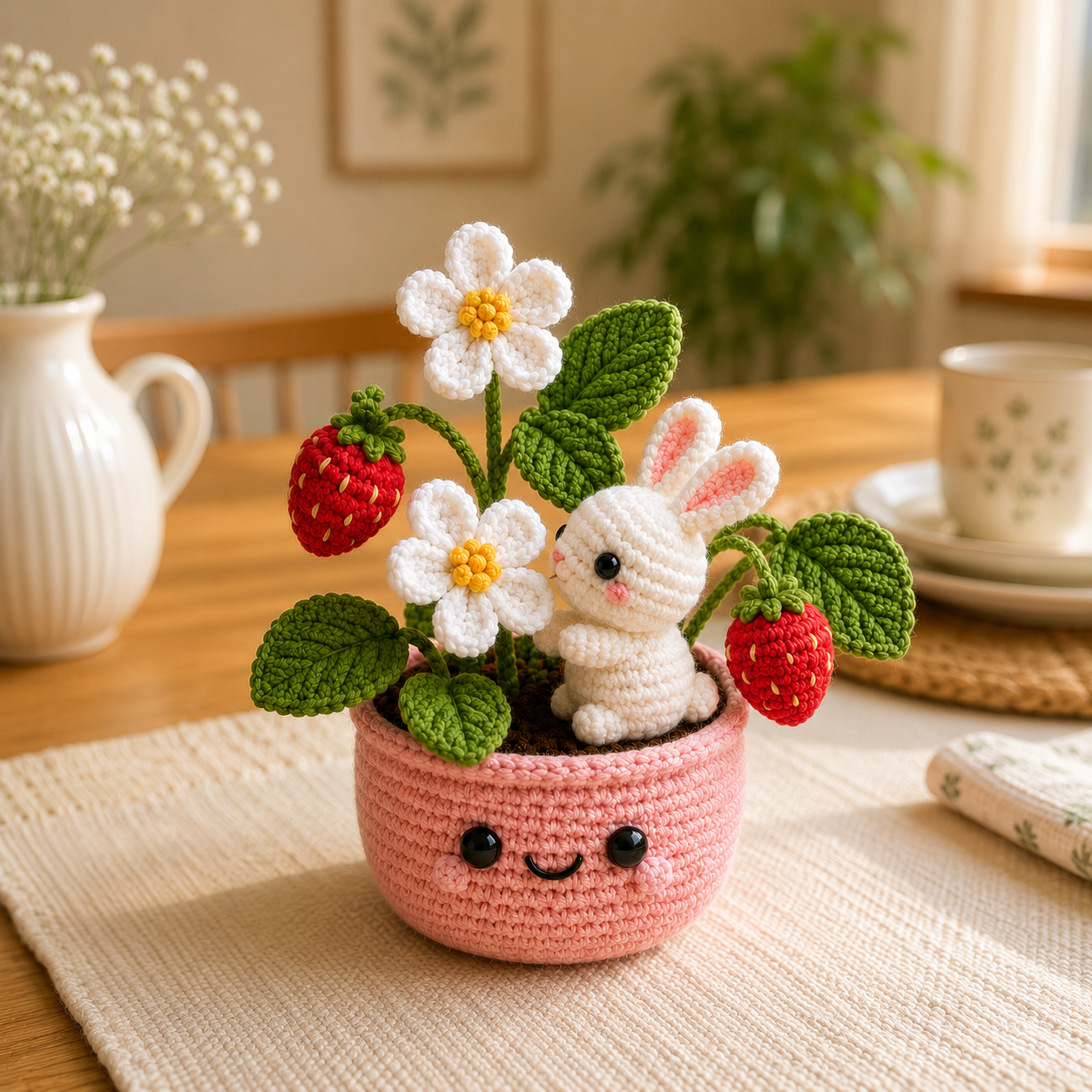 Handmade Crochet Bunny & Strawberry Flower Pot – Kawaii Bunny Plant Decor