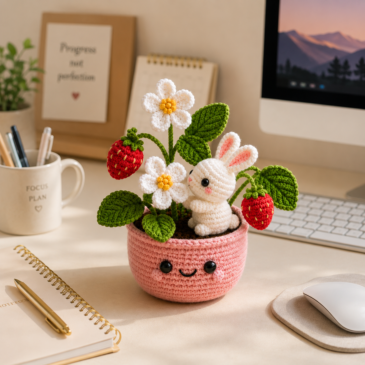 Handmade Crochet Bunny & Strawberry Flower Pot – Kawaii Bunny Plant Decor
