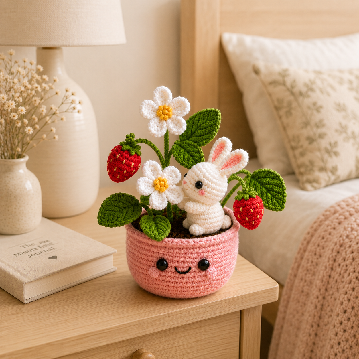 Handmade Crochet Bunny & Strawberry Flower Pot – Kawaii Bunny Plant Decor
