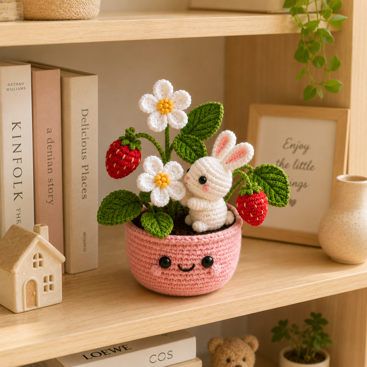Handmade Crochet Bunny & Strawberry Flower Pot – Kawaii Bunny Plant Decor