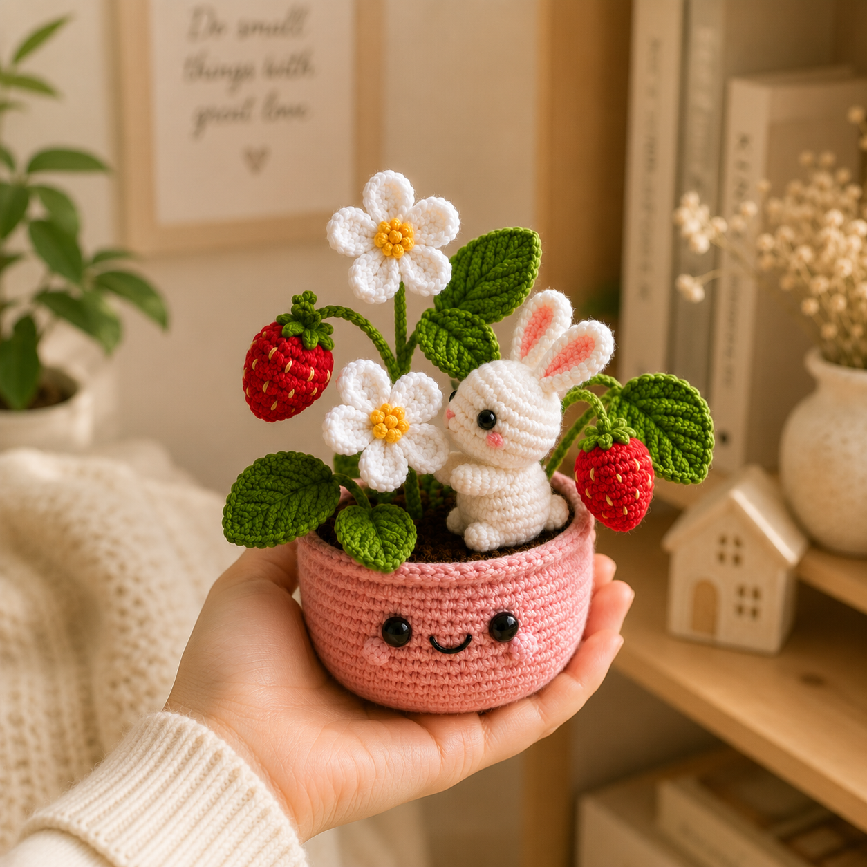 Handmade Crochet Bunny & Strawberry Flower Pot – Kawaii Bunny Plant Decor