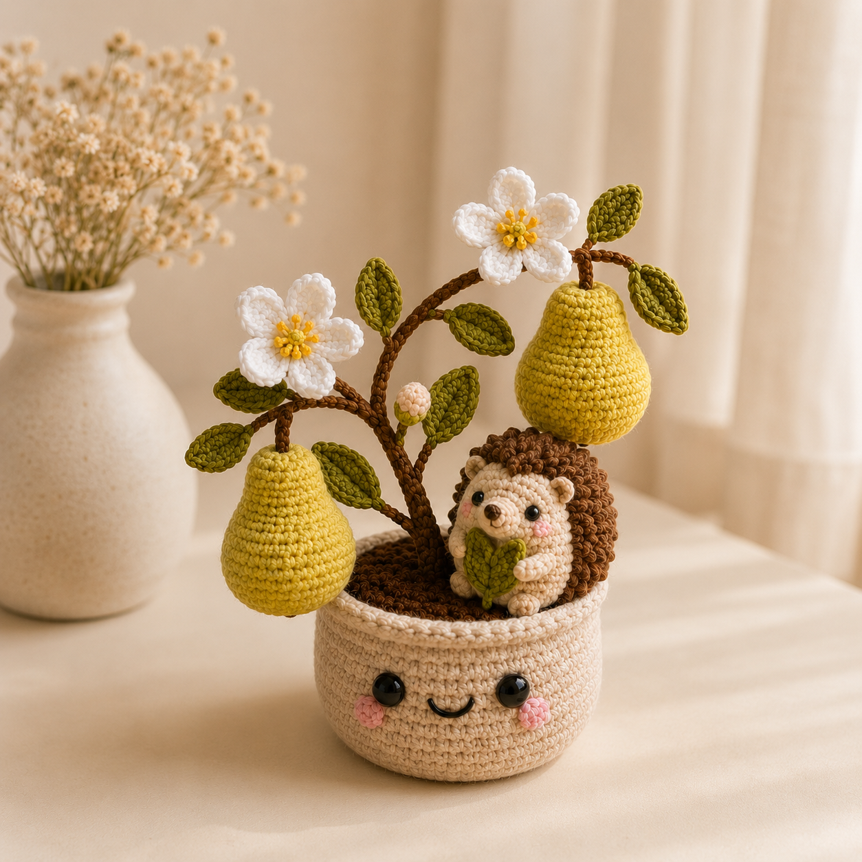 Handmade Crochet Hedgehog Pear Tree Pot – Cute Amigurumi Hedgehog Deco