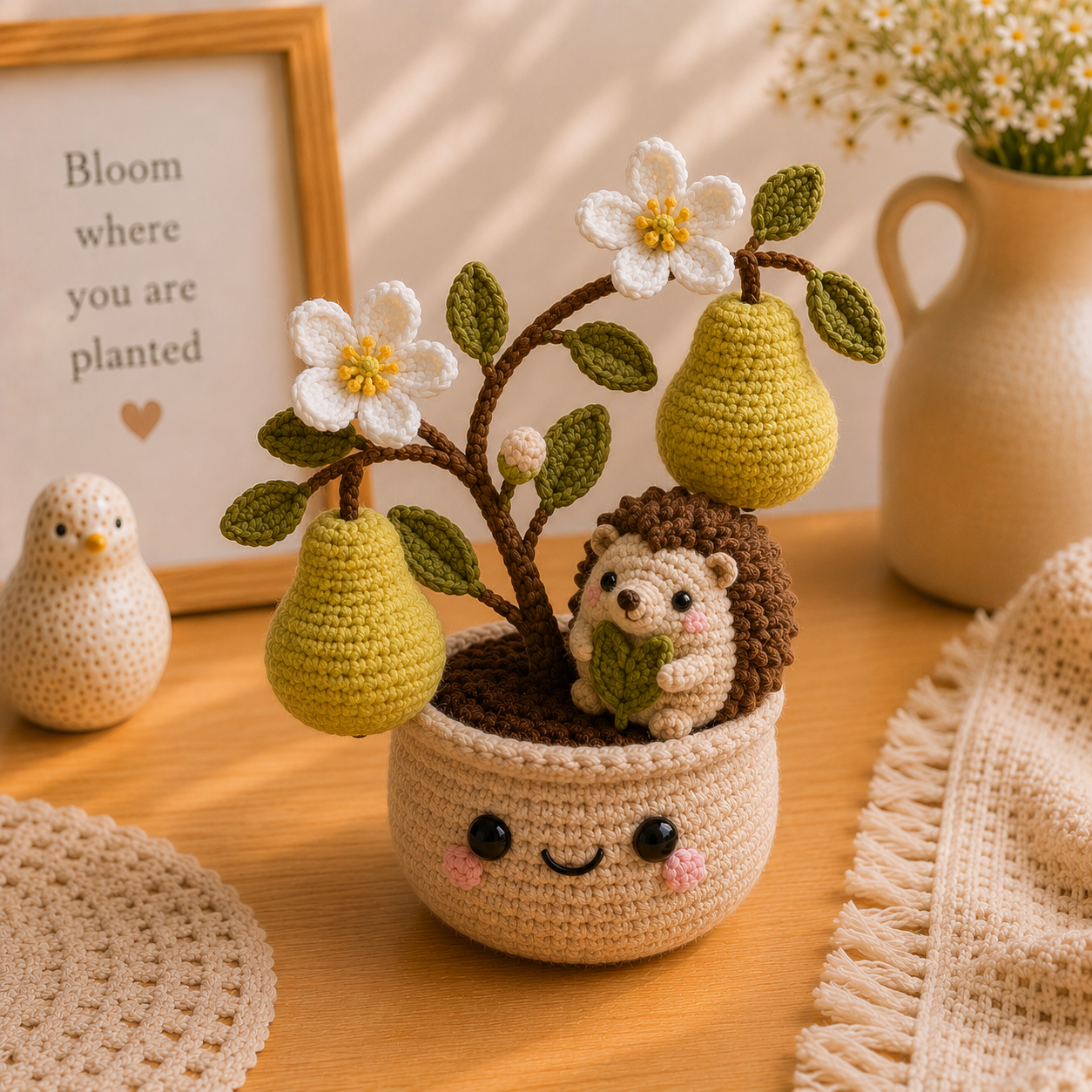 Handmade Crochet Hedgehog Pear Tree Pot – Cute Amigurumi Hedgehog Deco