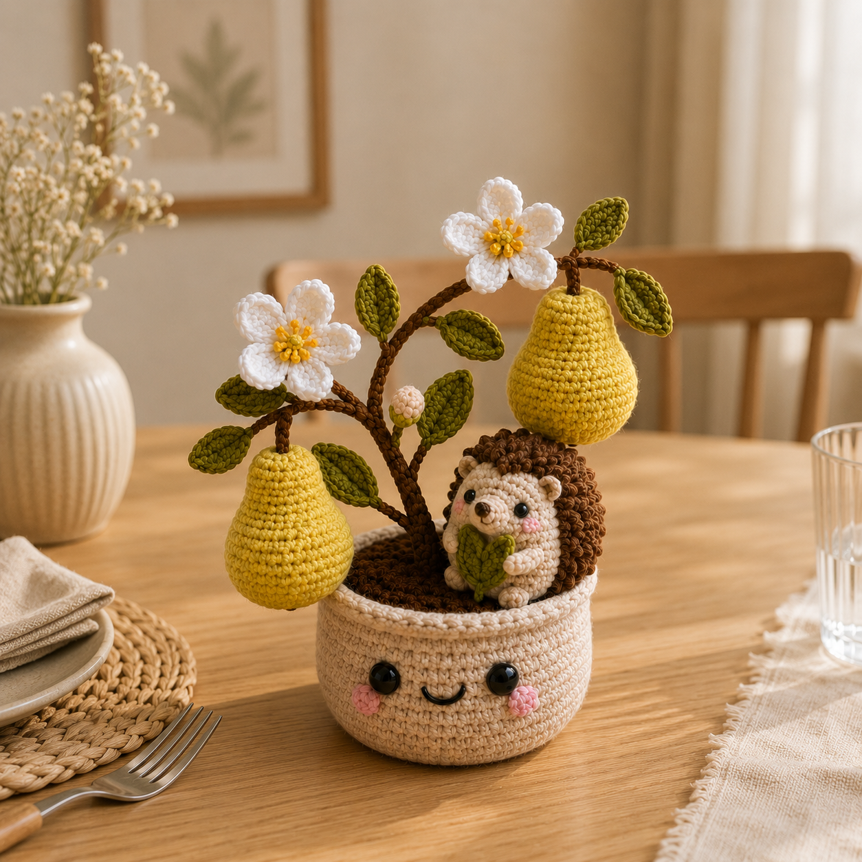 Handmade Crochet Hedgehog Pear Tree Pot – Cute Amigurumi Hedgehog Deco